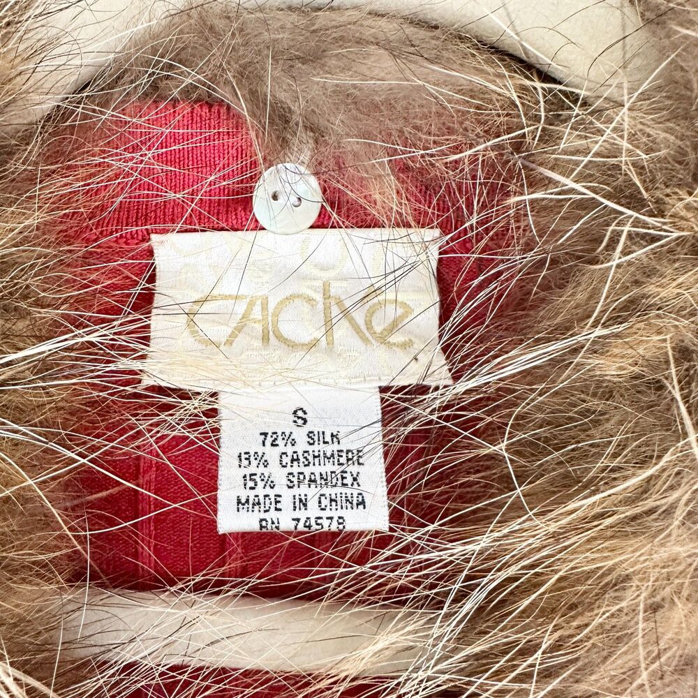 Cache Vintage Y2K Silk Cashmere Genuine Fur Collar Cardigan Top Size Small Red - Picture 4 of 4